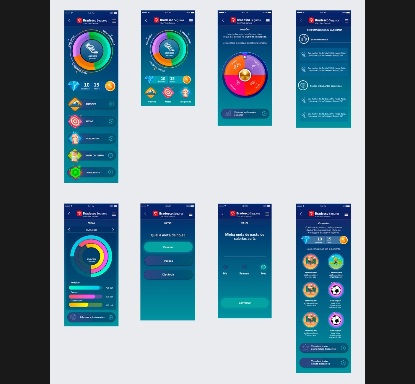 BS Play Release 1 UI — a game-like layout with colorful wheel-of-fortune mechanics and badge icons, not yet aligned to the Bradesco Seguros style guide