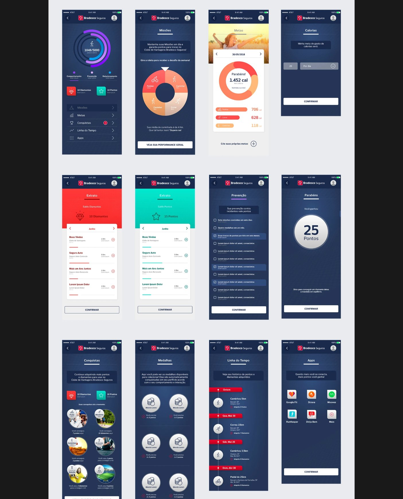 BS Play Release 2 UI — a clean, on-brand layout following the Bradesco Seguros Design System, with sections for Extrato, Prevenção, Conquistas, Medalhas, Linha do Tempo, and connected Apps