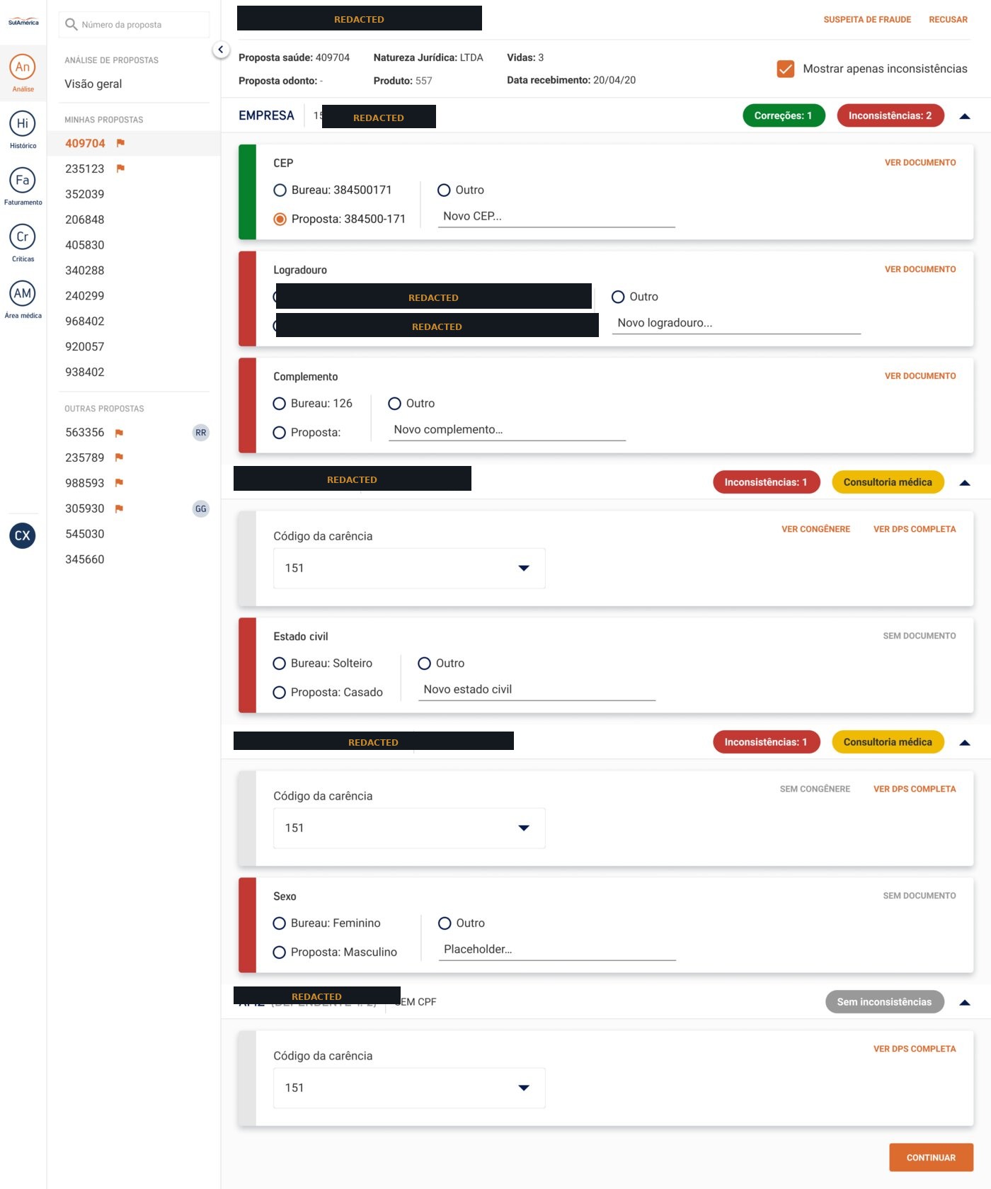SulAmérica proposal analysis screen comparing proposal data against bureau data, with sensitive fields redacted