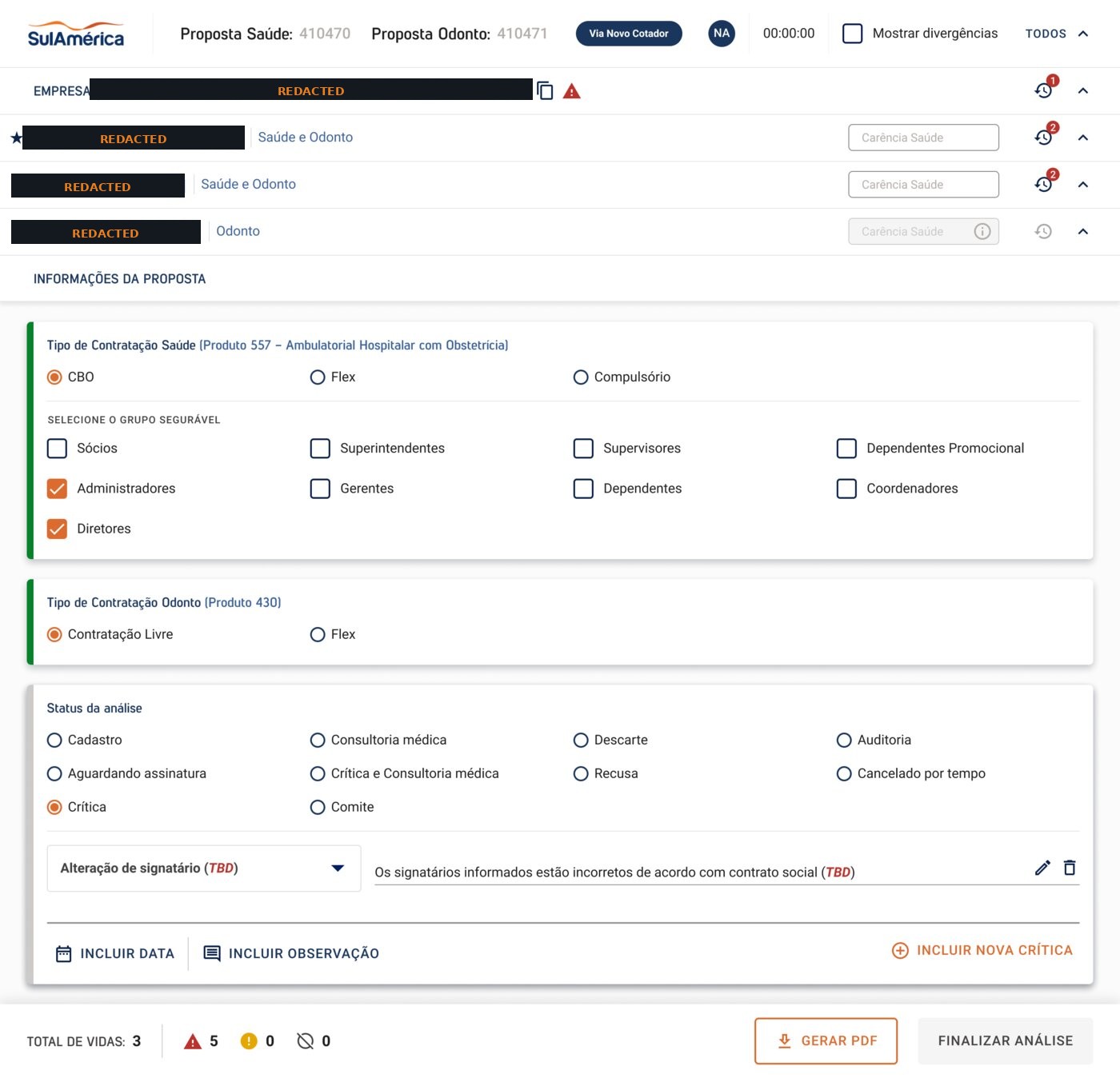 SulAmérica status workflow with contract type and status options