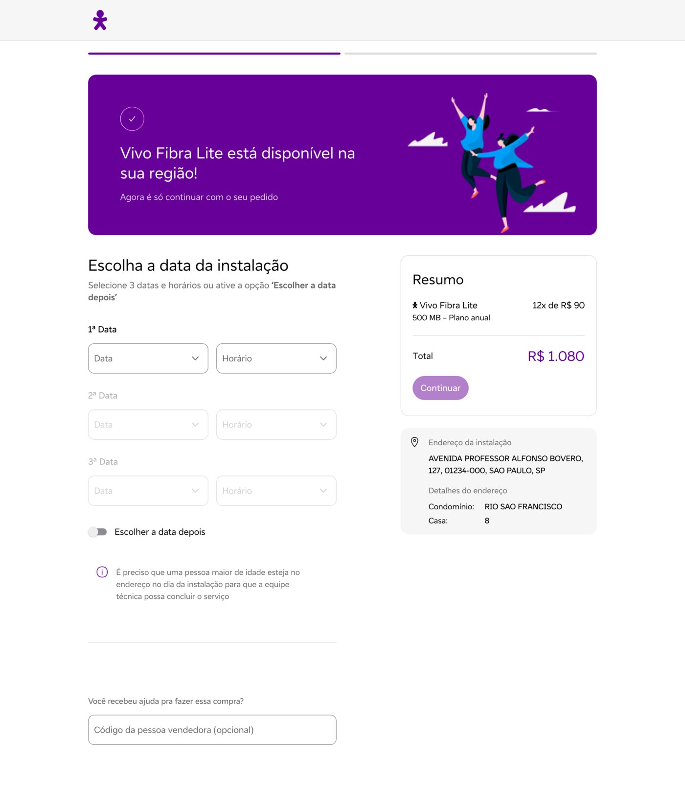 Vivo Fibra Lite installation scheduling screen