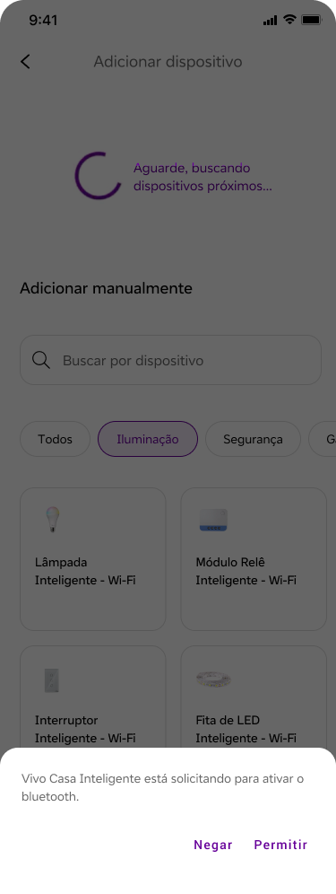 Vivo Casa Inteligente pairing — Bluetooth permission request over the device catalog