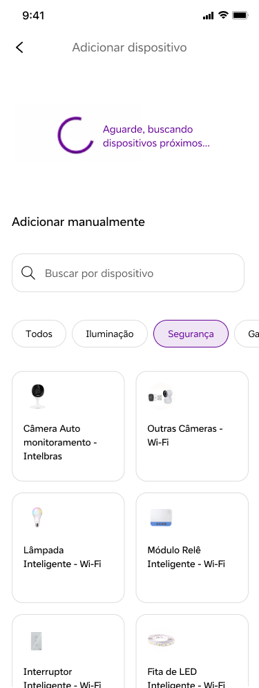 Vivo Casa Inteligente pairing — device catalog with autoscan, Segurança category selected