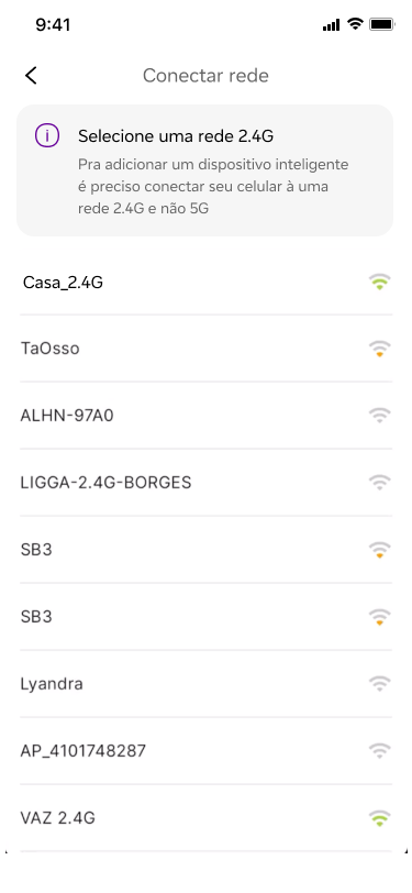 Vivo Casa Inteligente pairing — select a 2.4GHz Wi-Fi network