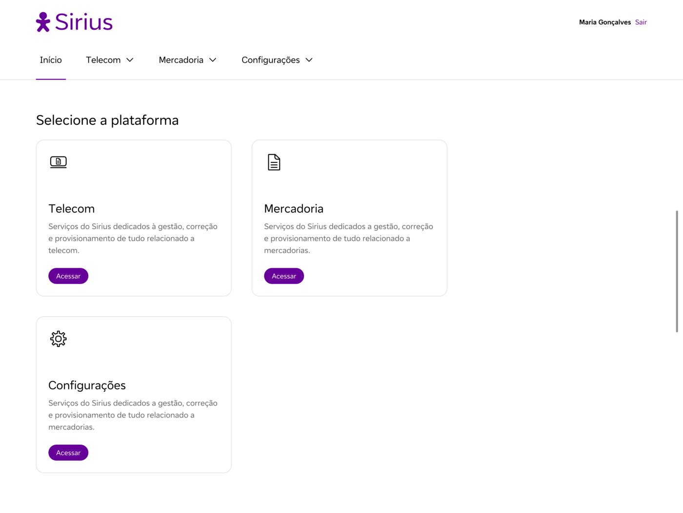 Sirius portal home screen with platform selector